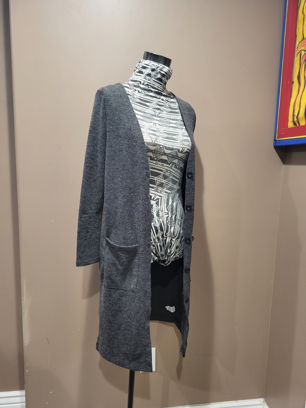 Long Charcoal Gray Button-Front Cardigan Sweater